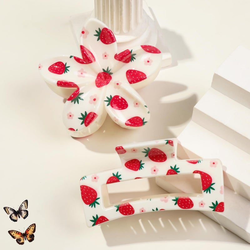 Ivyu 2pc Friut Hair Clips for Women Girls – Non-Slip Grip Tangle-Free Claw Clips with Strawberry and Cherry Prints for Thin/Thick Hair - Image 3